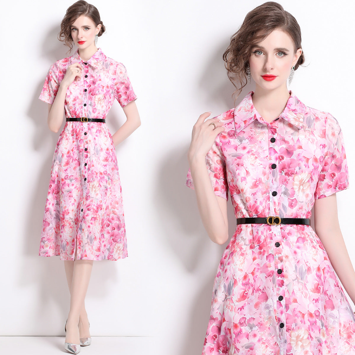 Medium and long shirt shirt skirt women's popular summer new retro lapel single-breasted printed lace-up dress