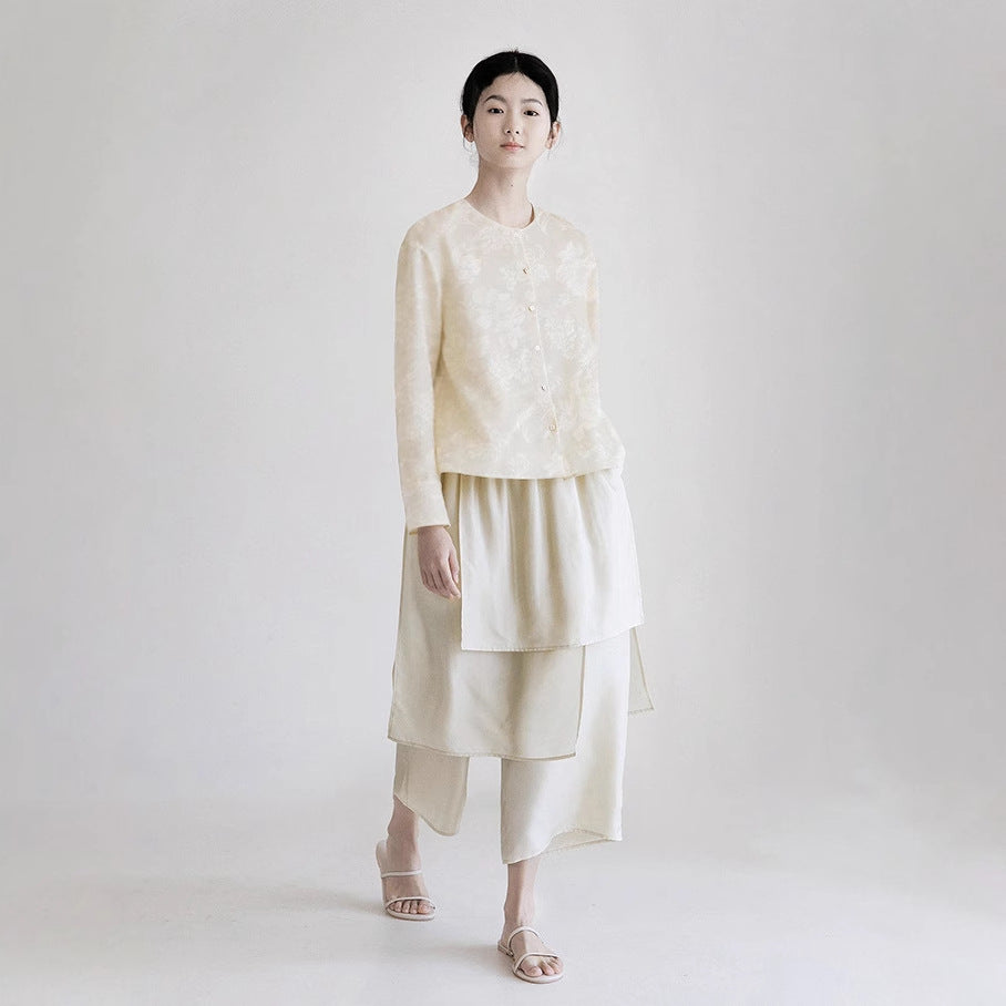 Women's Shirt Spring New Chinese Top Shirt Long Sleeve Chinese Women's Beige Crew Neck Casual Cardigan B0456