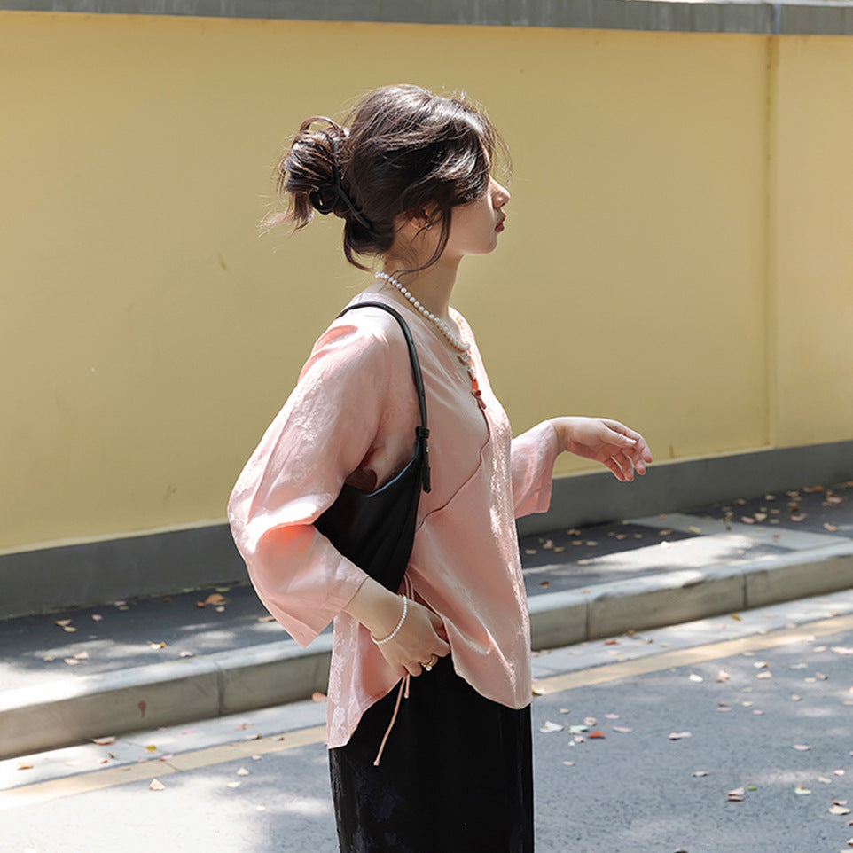 New Chinese-style women's summer, suit skirt summer women's two-piece set, pink satin shirt B0628 Chinese skirt