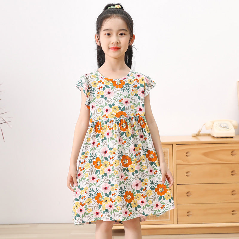 VLOVELAW Girls Dress Kids' Skirt Summer Baby Cotton Silk Floral Skirt Baby Girl Short Sleeve Princess Dress Clothes Children's Clothing