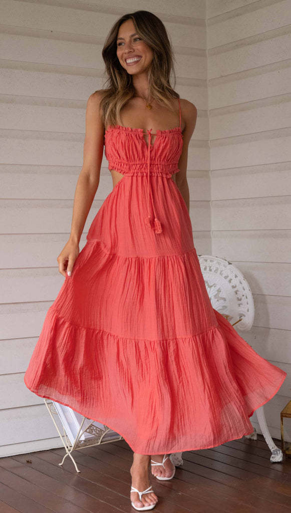 VLOVELAW Summer New Women's Cross-Border European and American Temperament Camisole Sexy Cutout Long Dress Backless Stitching Large Swing Dress
