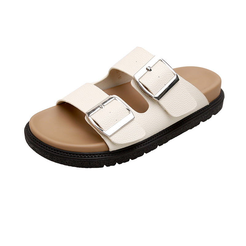 VLOVELAW Grape Mom's Same Retro Genuine Leather Slippers round Toe with Square Buckle Adjustable Platform Casual Boken Slippers