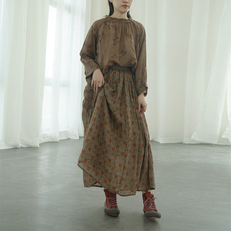 retro digital printing ramie pendulum skirt, literary double-layer elegant elastic waist dress B22228
