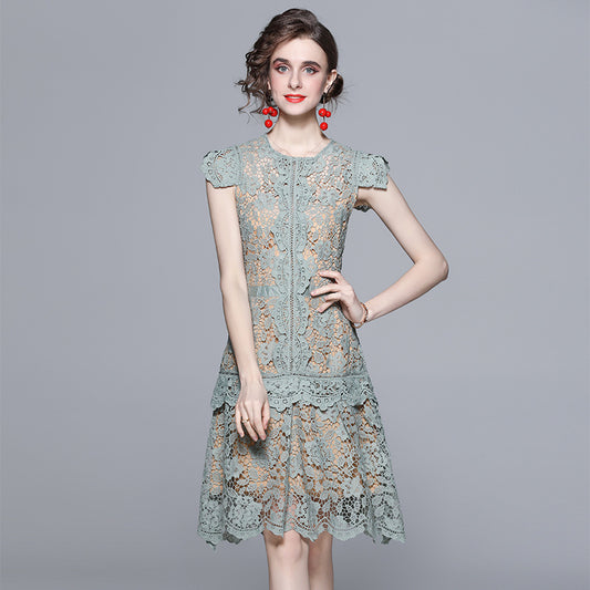 summer new women's clothing heavy industry lace irregular fan skirt flying sleeves heart machine slim dress