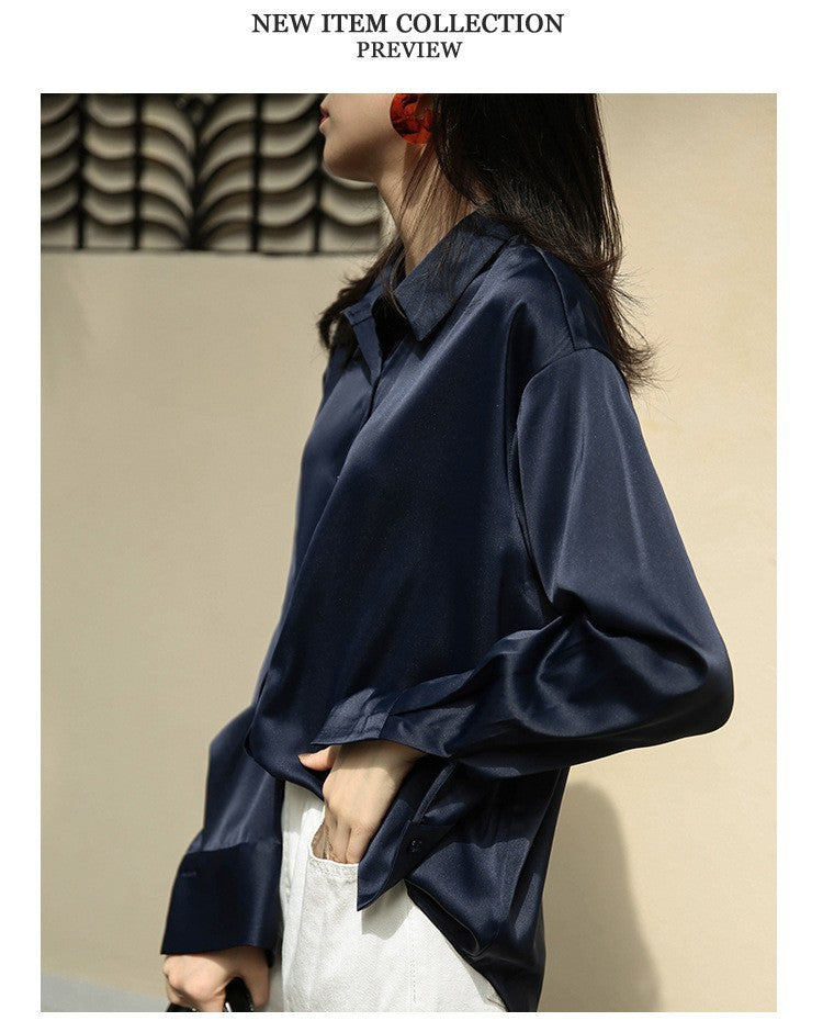 VLOVELAW Long Sleeve Satin Shirt Women's Design Sense Niche Spring and Summer New All-Match Draping Top Retro Hong Kong Style Shirt