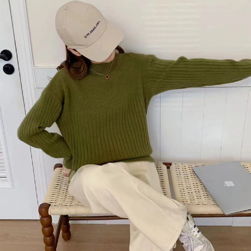 VLOVELAW Casual style knitted bottoming sweater women's New autumn and winter new loose solid color pit strip semi-turtleneck knitted sweater top