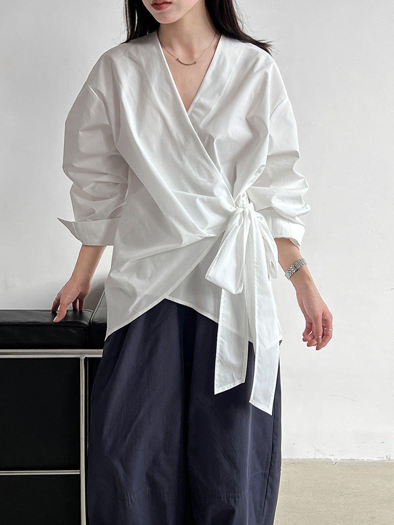 Luxi, Korean irregular waist strap shirt women's spring casual niche design one-piece top 3563