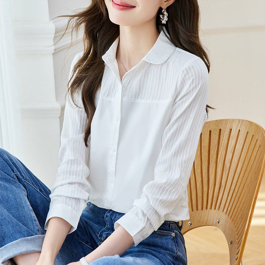 Cotton cocoon, white shirt women's long sleeves  spring and autumn new pure cotton splicing top slim and thin commuter shirt