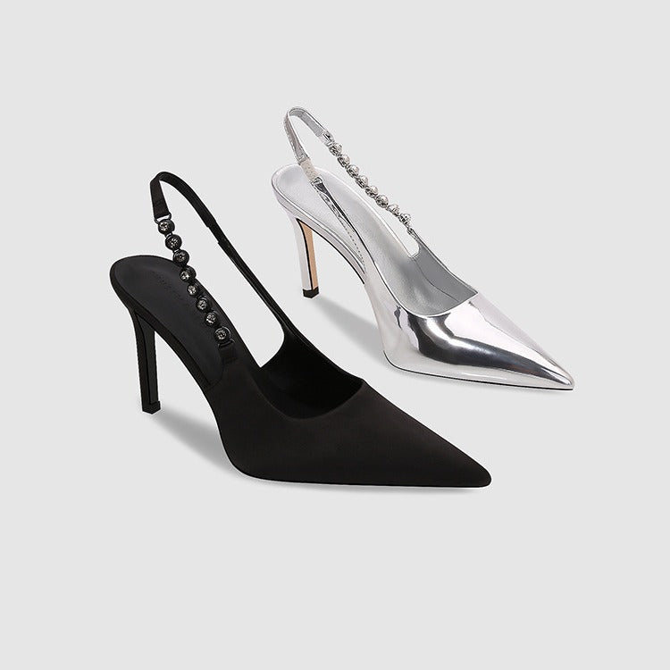 VLOVELAW Silver Wedding Shoes Pointed Toe Rhinestone Back Empty High Heels Spring and Summer New Toe Cap Stilettos Chain Sexy All-Matching Women's Sandals