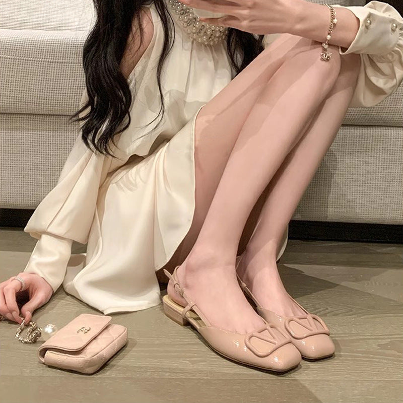 VLOVELAW Su Cojin Same Style Princess Deer ~ Square Toe V Buckle Closed Toe Back Empty Nude Pink Flat Sandals for Women Commuter Shoes 2025