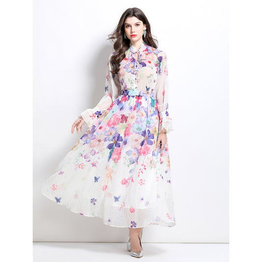 celebrities high-end lace-up flared sleeves printed chiffon top women's high waist hanging big swing skirt set