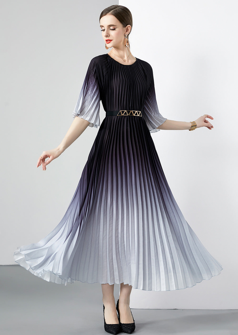 Folded dress summer long dress round neck medium sleeve gradual change lace-up design dress skirt
