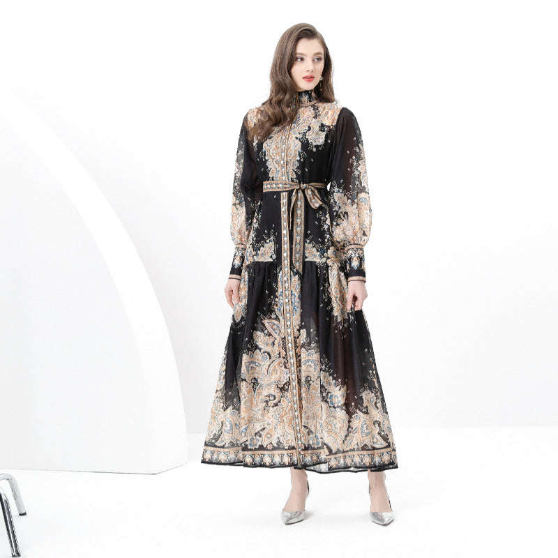 Court style high-end stand-up collar printed dress women's spring strap single-breasted design chic and beautiful long skirt
