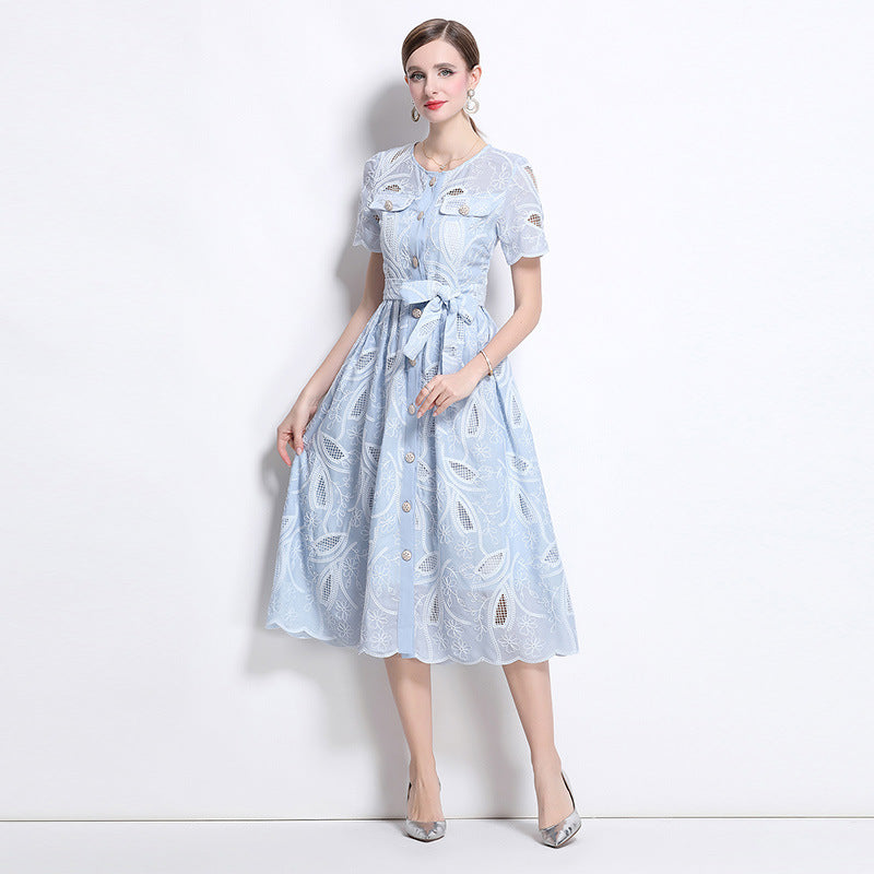 Summer retro heavy industry hollow embroidery round neck waist short sleeve dress women's thin single-breasted long skirt