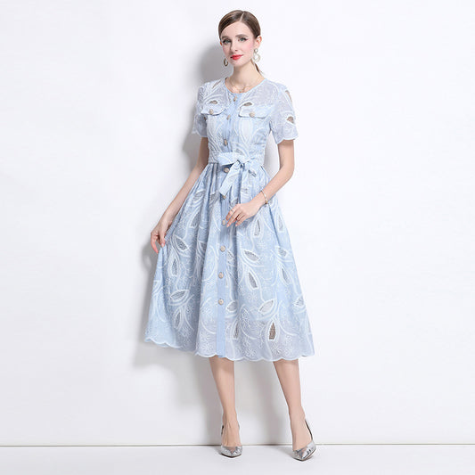 Summer  retro heavy industry hollow embroidery round neck waist short sleeve dress women's thin single-breasted long skirt
