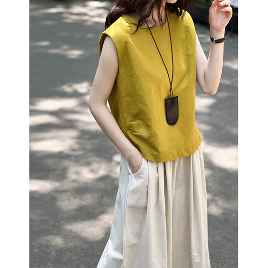 2025 Tachibana  spring and summer round neck sleeveless side pleated minimalist linen pullover shirt vest 5572