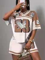 new New fashion retro street printing loose casual V-neck short-sleeved top shorts sports suit