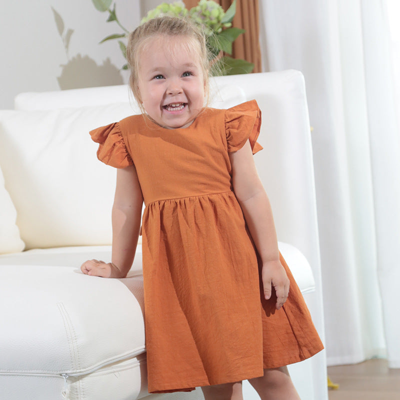New Girls' Dress Baby Cotton and Linen Solid Color Children Shirt Bow Princess Dress Pettiskirt European and American Children