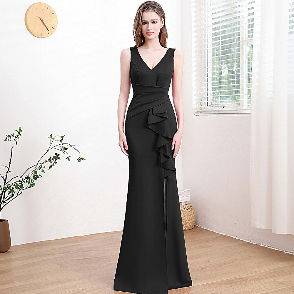 2025 Evening dress skirt, female banquet temperament, celebrity style, high-end side split fork, usually can wear thin sleeveless long dress
