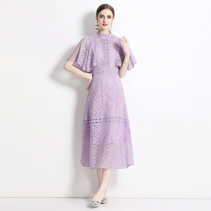 summer new stand-up collar flying sleeves temperament waist thin lace banquet dress long skirt a-word skirt