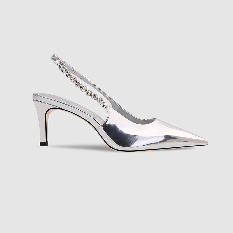 VLOVELAW Silver Wedding Shoes Pointed Toe Rhinestone Back Empty High Heels Spring and Summer New Toe Cap Stilettos Chain Sexy All-Matching Women's Sandals