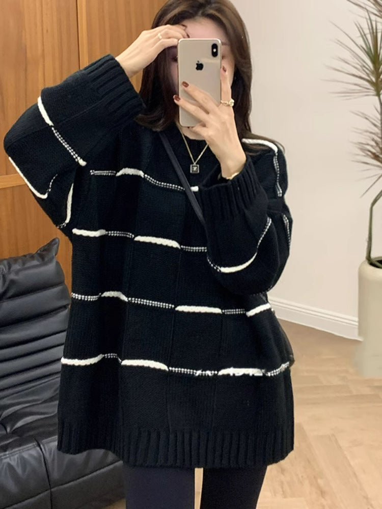 VLOVELAW Contrasting color striped crew neck sweater women's new popular autumn and winter casual loose lazy style medium and long knitted sweater