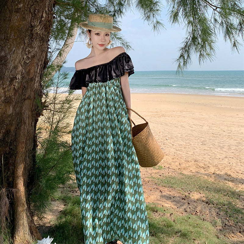 2025 One-word shoulder ruffle dress skirt Sanya seaside travel photo beach skirt showing thin temperament a-word dress summer