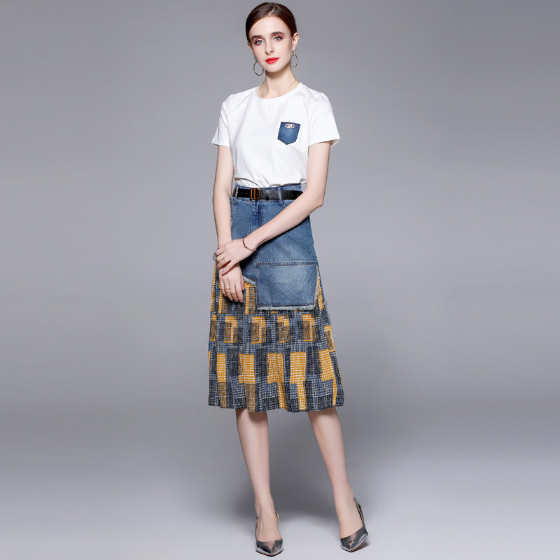 summer new light and mature style women's clothing set Hong Kong flavor T-shirt temperament fashion denim two-piece set