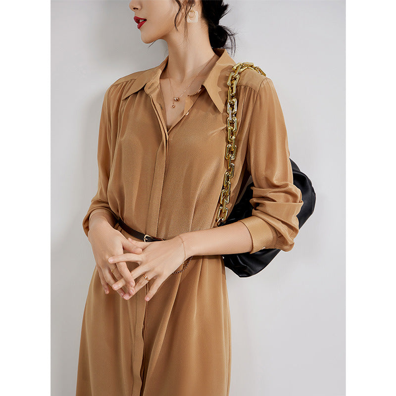 VLOVELAW Women's 4-Meter Inner and Outer 2-Layer Silk Dress Loose Tummy Hiding New Long Sleeve Slimming Temperament Shirt Dress