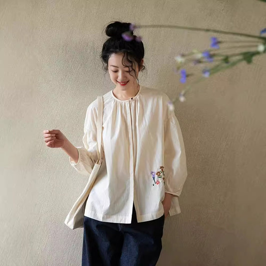 Embroidered cotton women's shirt, shirt women's high-end sense, early autumn light and thin literary pure cotton versatile top B0912