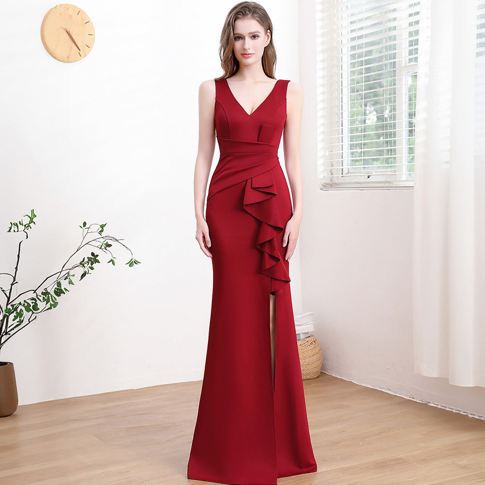 2025 Evening dress skirt, female banquet temperament, celebrity style, high-end side split fork, usually can wear thin sleeveless long dress