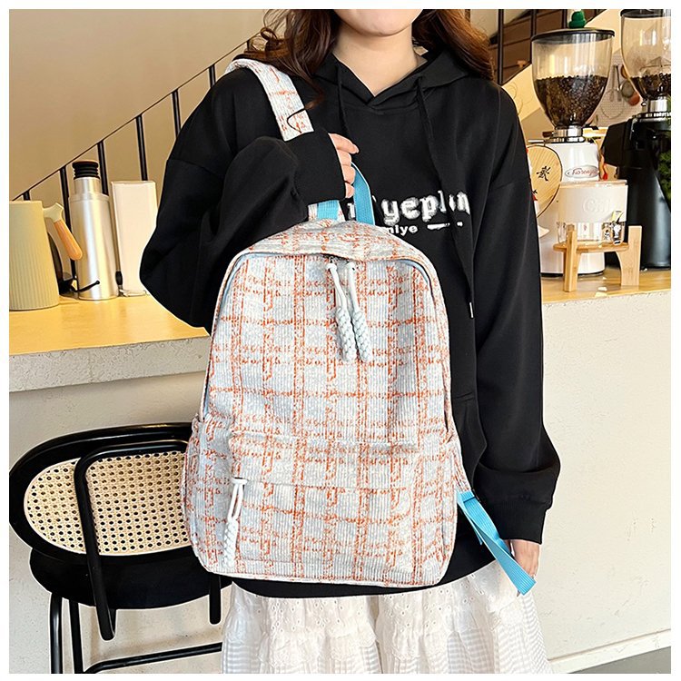 Plaid Schoolbag Female College Student Niche Design Early Autumn and Winter Middle and High School Student Good-looking Corduroy Backpack