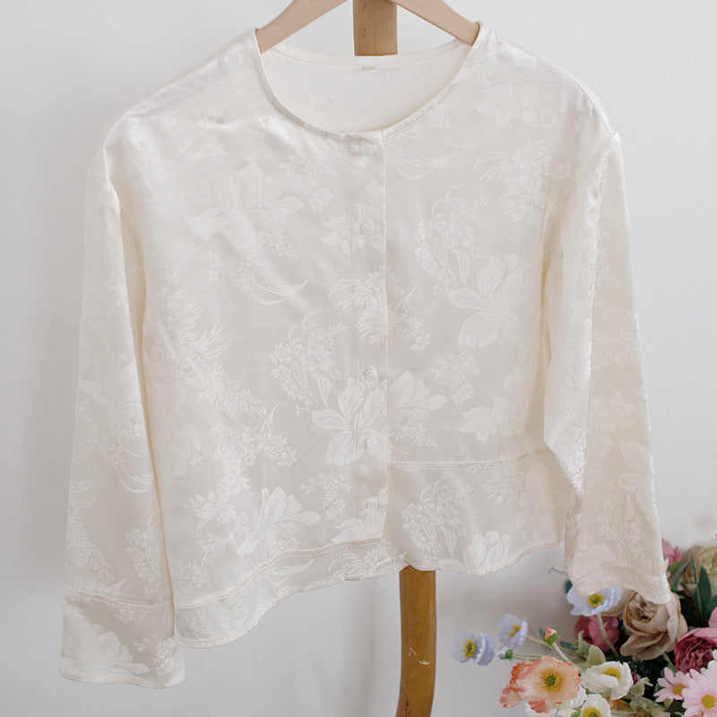 New Chinese top women's summer, shirt women's spring and summer, Chinese women's clothing, beige round neck casual cardigan B0456