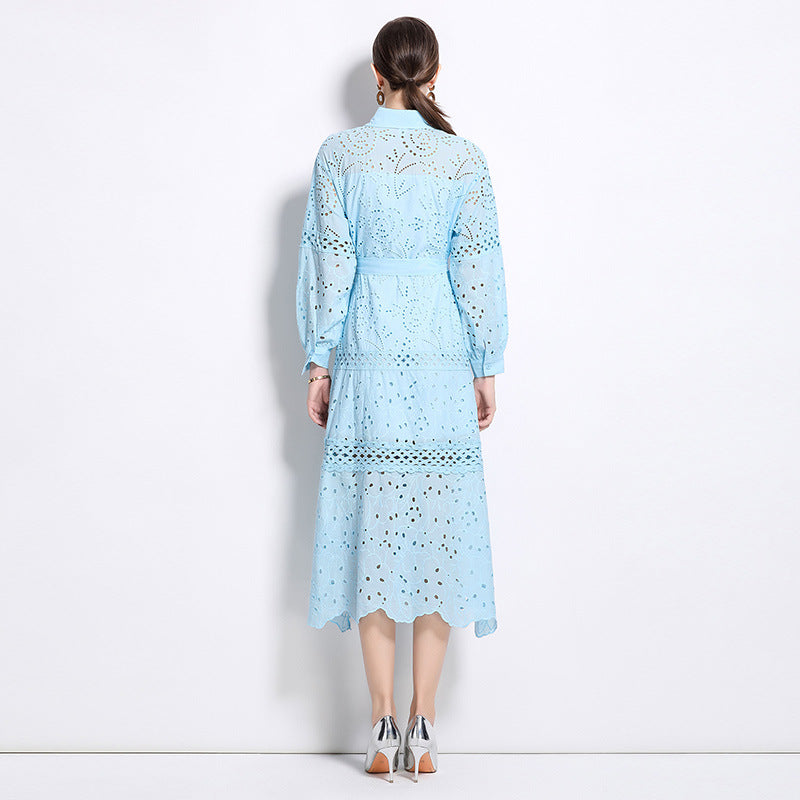 Bohemian vacation dress women's popular new age-reducing bubble sleeves slim-fitting long heavy industry embroidered shirt skirt