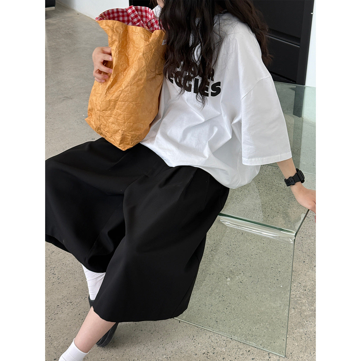 Luxi Japanese casual suit eight-point shorts women's summer new commuter pleated loose wide-leg straight-leg pants 1876