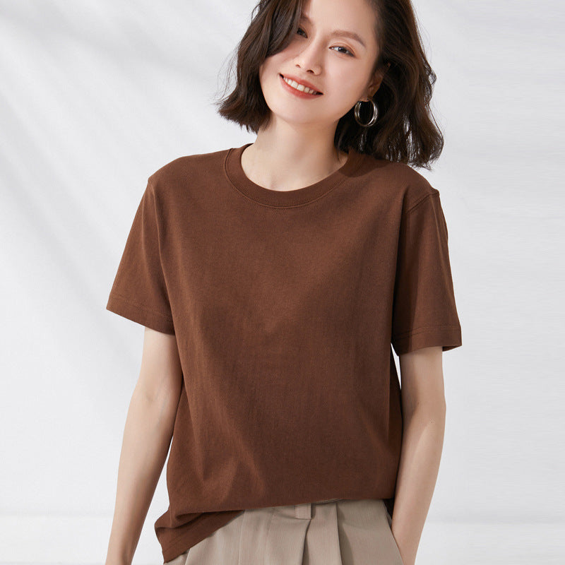 VLOVELAW Summer New 100 Xinjiang Cotton round Neck Stylish Simple and Versatile T-shirt Women's Pullover Heavy Solid Color Short Sleeve