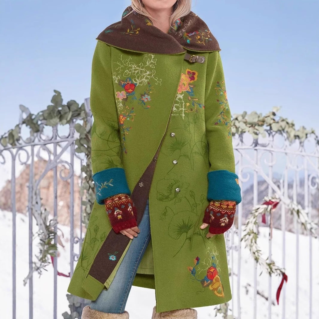 2025 autumn and winter new Popular trade women's clothing medium and long printed top long sleeve woolen coat new