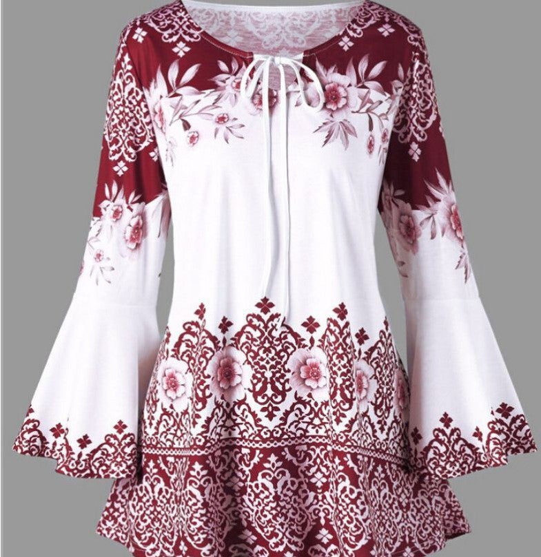 VLOVELAW European and American New Women's Clothing Printing Long Horn Sleeve Lace-up T-shirt Slim Long Sleeve plus Size Women's Clothing