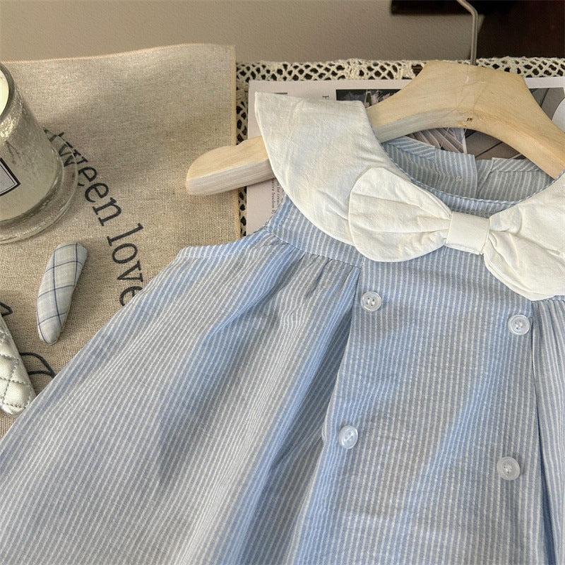 VLOVELAW South Korea Children's Clothing Dress Summer New Girl's Western Style Back Girl's Sailor Collar Bow Princess Dress