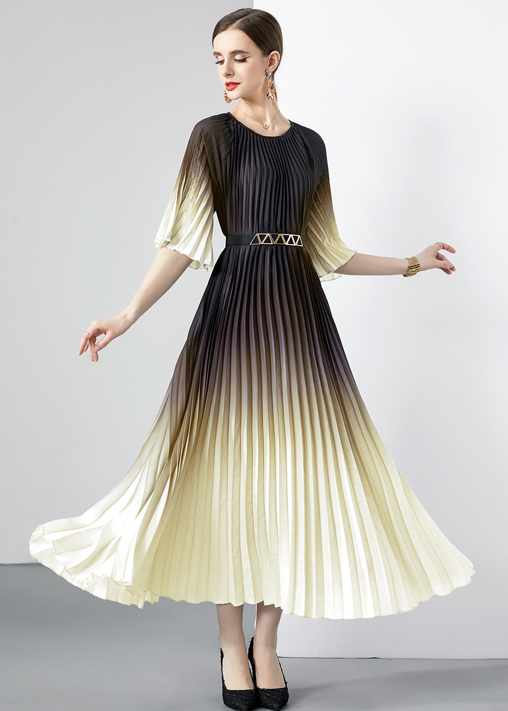 Folded dress summer long dress round neck medium sleeve gradual change lace-up design dress skirt