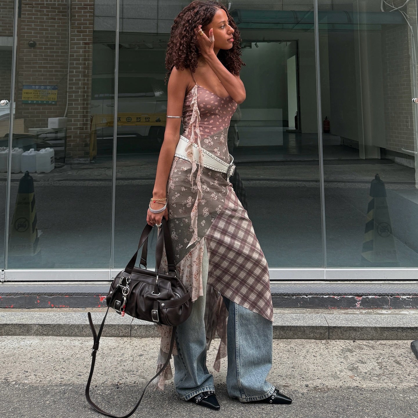 n contrasting color splicing suspender dress irregular skirt tattered design sense niche long dress female slim fashion