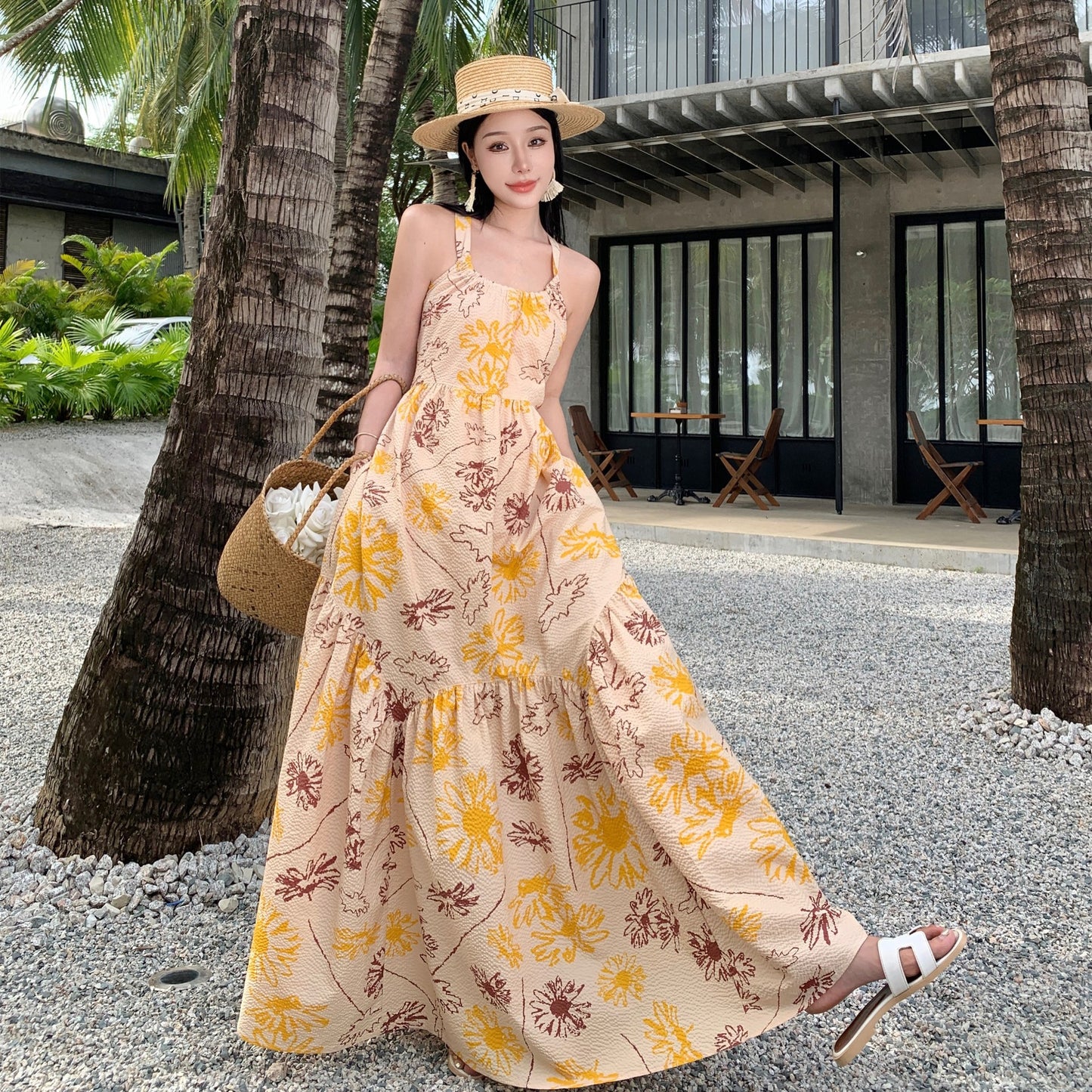 2025 Printed halter bow floral super fairy dress women's summer seaside vacation suspender skirt long large skirt