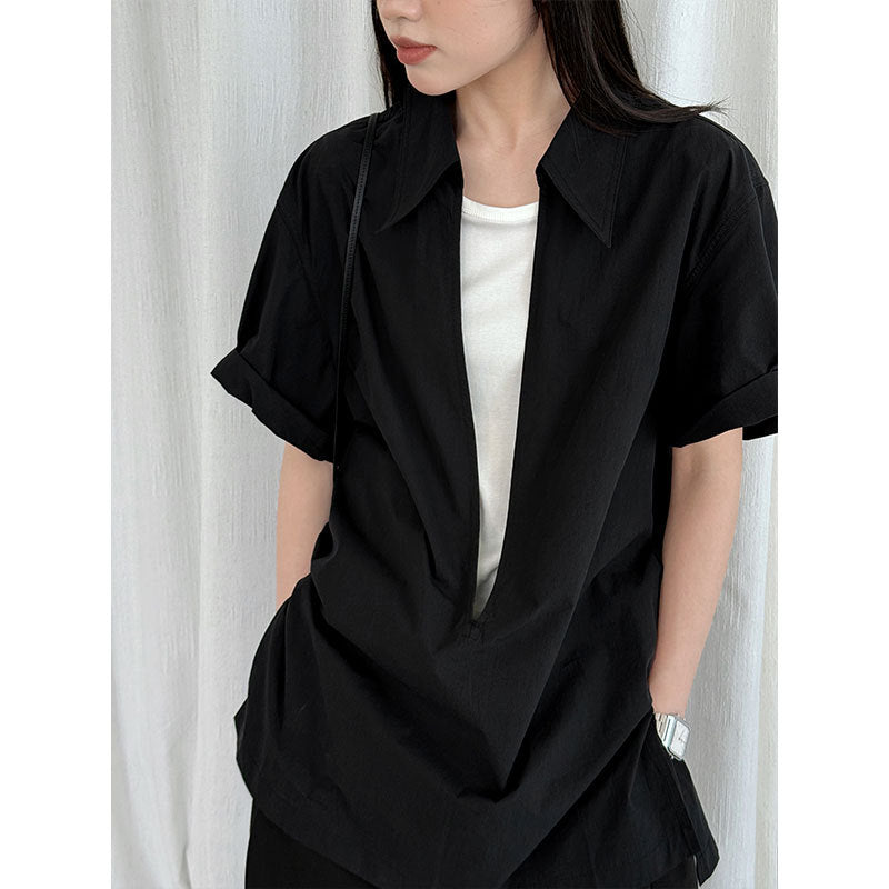 Luxi, retro simple deep V-neck stacked short-sleeved shirt women's summer new commuter slim top 3595
