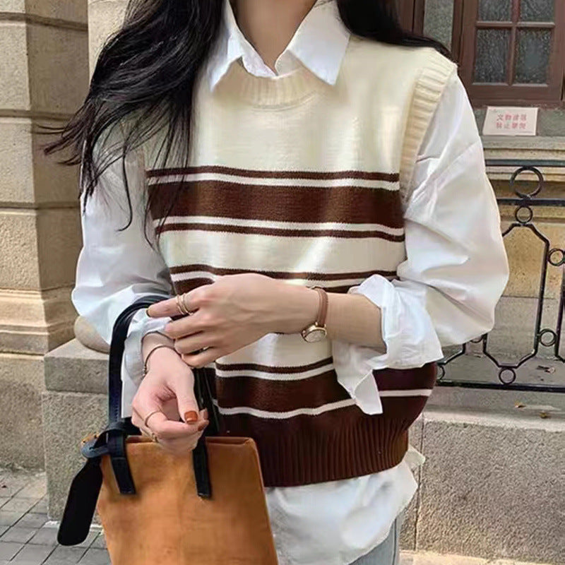 VLOVELAW Contrasting striped knitted sweater vest new stacked college casual loose and thin sleeveless sweater vest vest women
