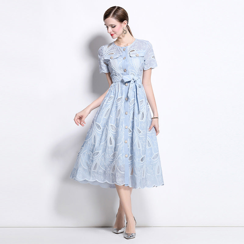 Summer retro heavy industry hollow embroidery round neck waist short sleeve dress women's thin single-breasted long skirt