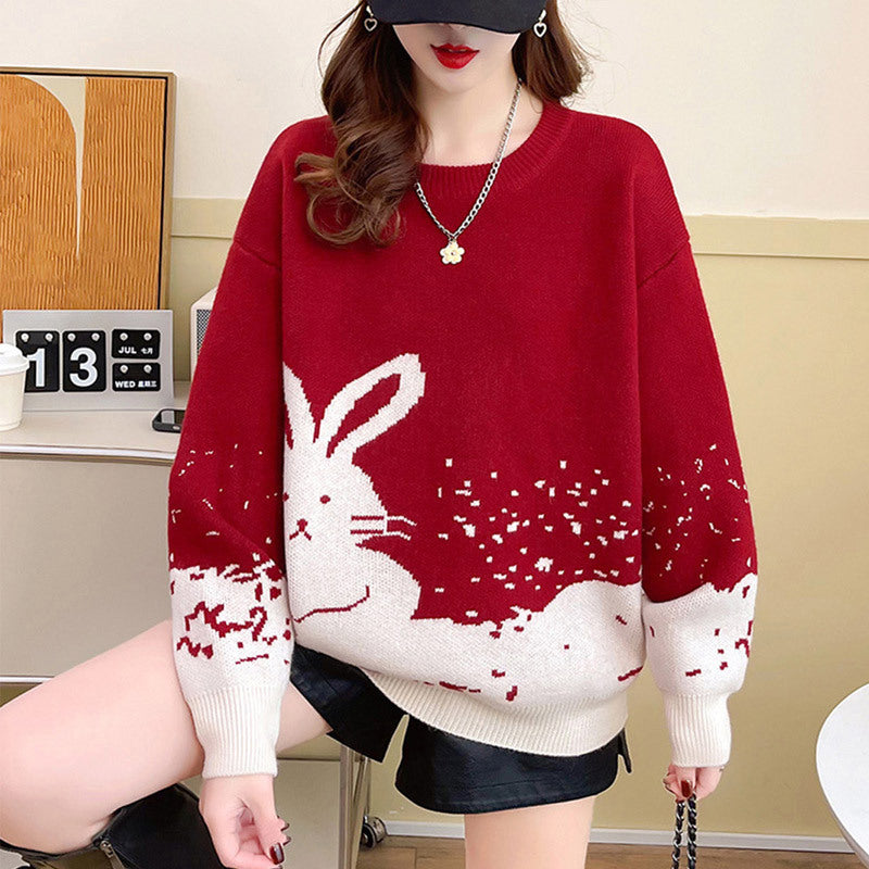 Year of the Rabbit red sweater female natal year autumn and winter loose new popular thickened Popular style festive bottoming shirt