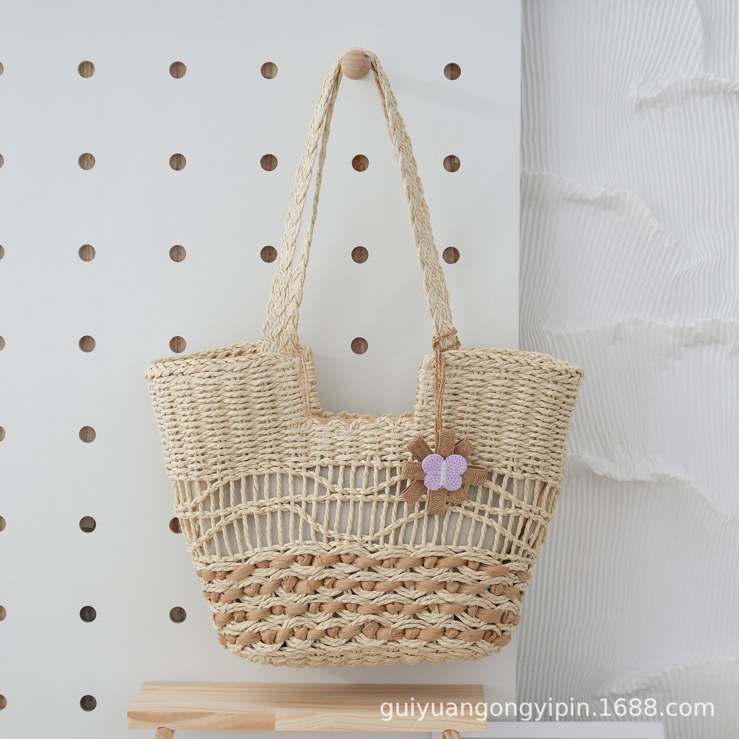 VLOVELAW Woven Straw Shoulder Bag Versatile Large Capacity Tote Bag with Lining Hollow HAILANG Corrugated Summer Beach Women's Bag