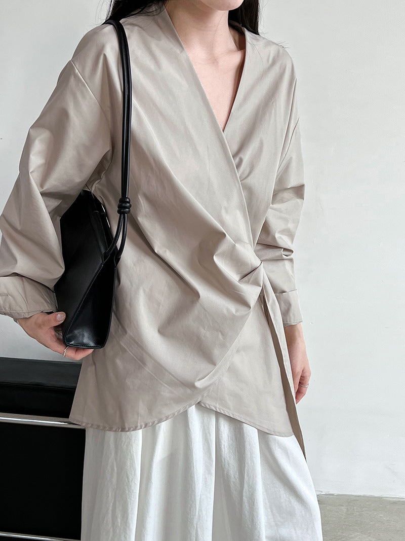 Luxi, Korean irregular waist strap shirt women's spring casual niche design one-piece top 3563