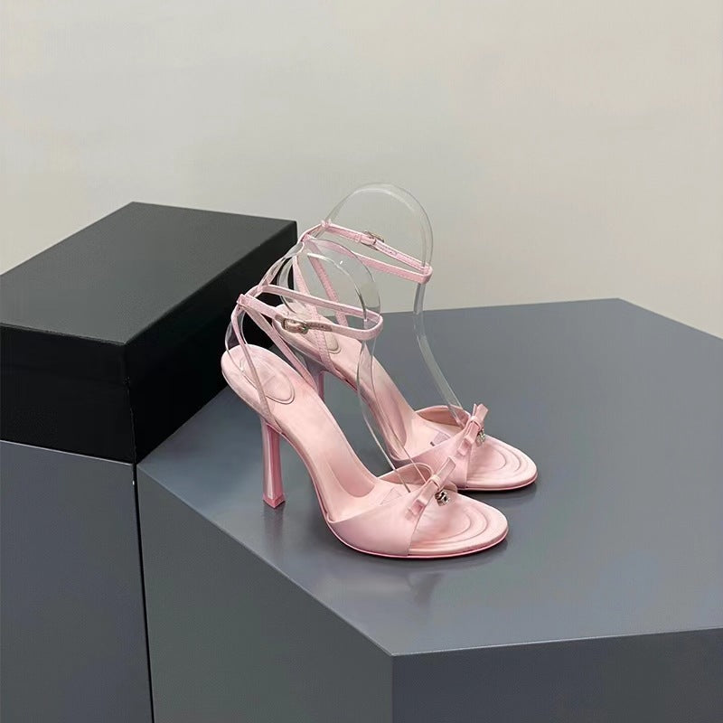 VLOVELAW Style Satin High Heel Sandals for Women Summer New Niche High-Grade Ankle-Strap Stilettos Open Toe Sandals for Women