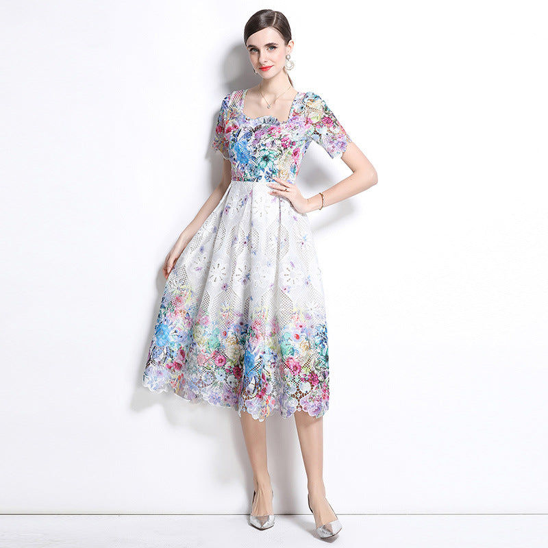 Medium and long hollow water-soluble lace dress women's short-sleeved spring and summer new slim-fit temperament high-end skirt
